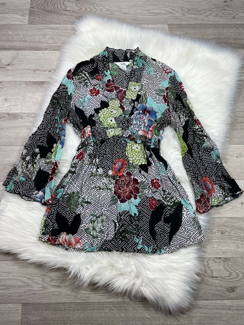 🔥Y2K Floral Multicolor Crinkle Bell Sleeves Tunic Top Boho Hippie Whimsigoth S